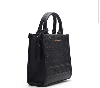 BLACK EMBOSSED LOGO TOP HANDLE TOTE BAG
