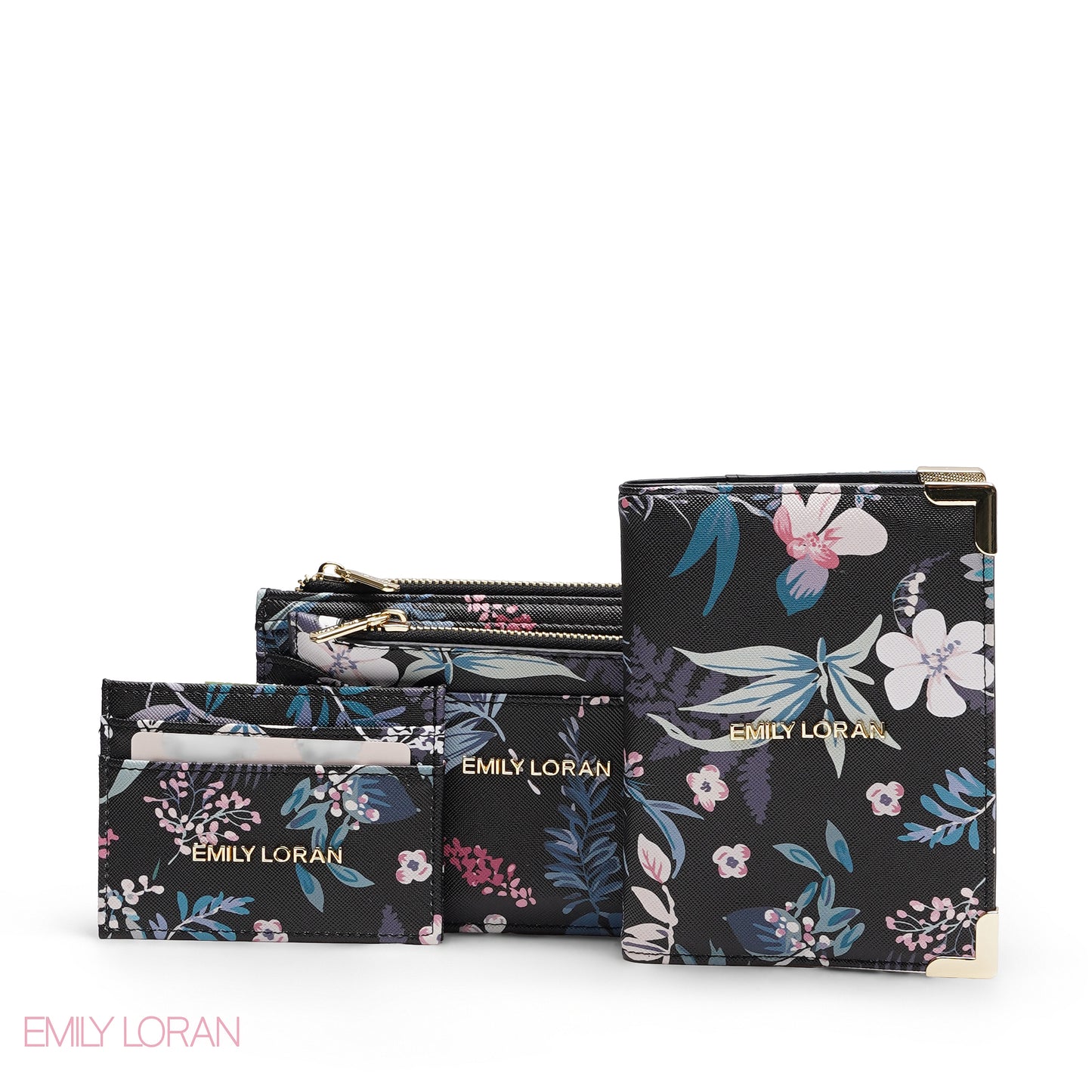BLACK FLORAL 3-PIECE WALLET SET