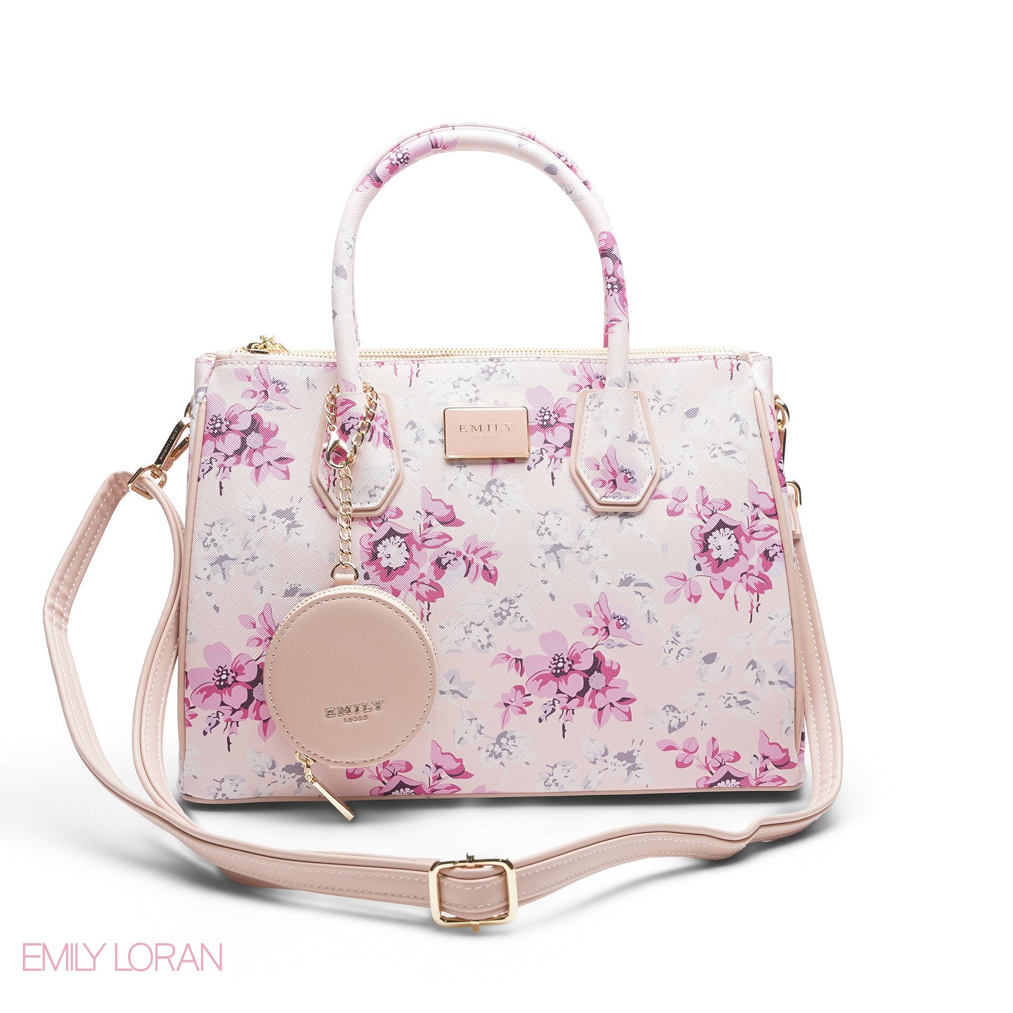 WHITE FLORAL TOTE BAG WITH POUCH - LARGE