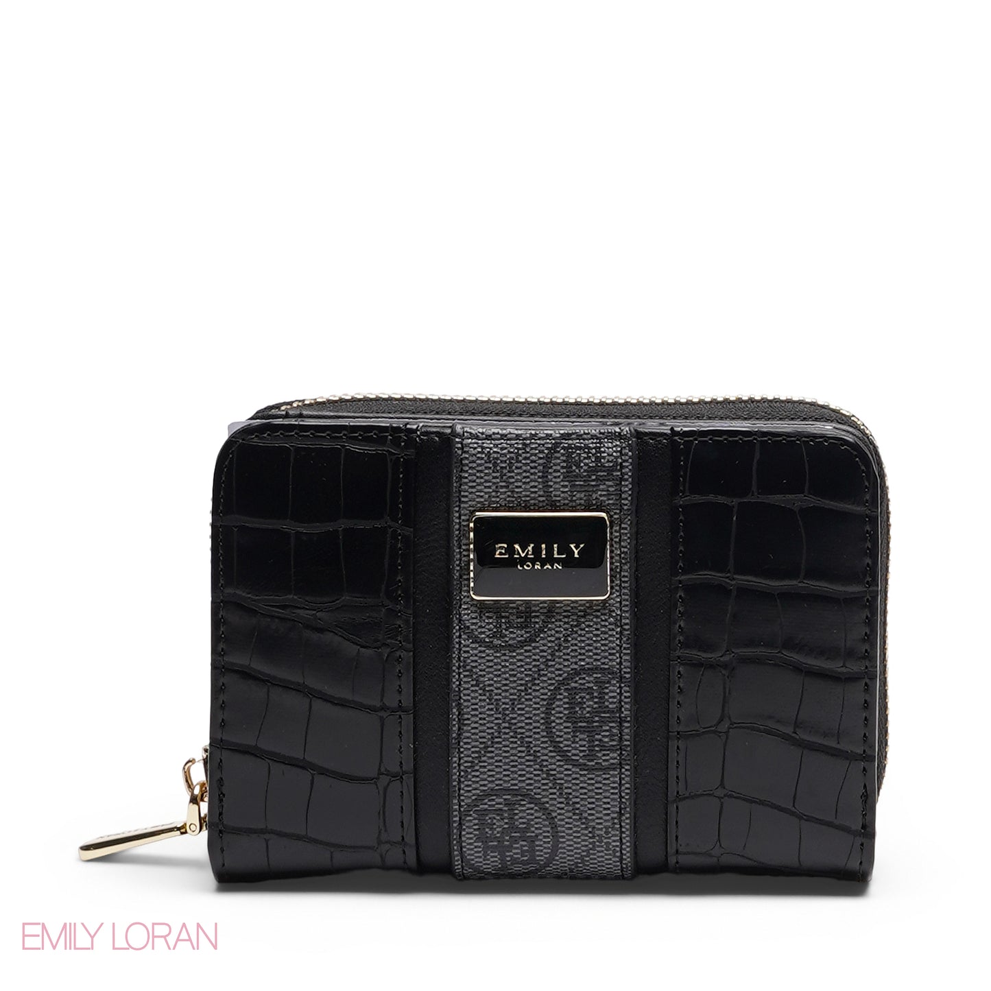 BLACK TRIM EMBOSSED ZIP-AROUND WALLET