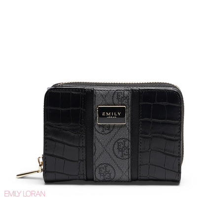BLACK TRIM EMBOSSED ZIP-AROUND WALLET