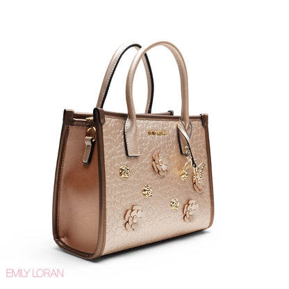 EMBOSSED METALLIC FLORAL TOP HANDLE TOTE BAG - LARGE