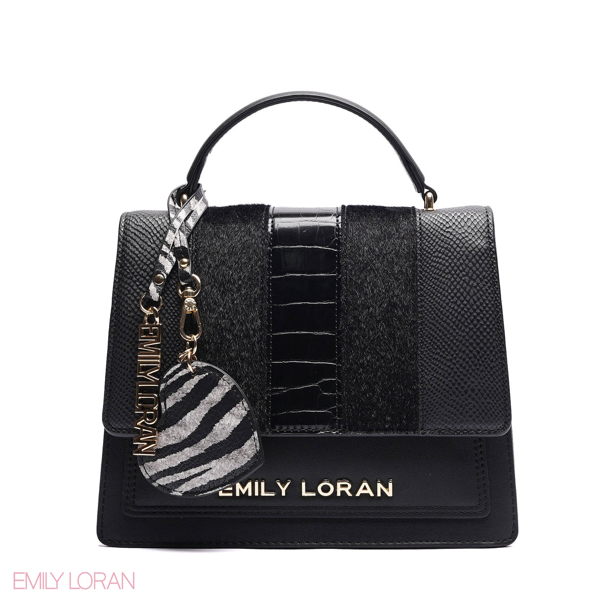 ELEGANT MIXED TEXTURE TOP HANDLE BAG WITH HEART CHARM - MEDIUM