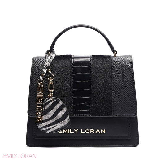 ELEGANT MIXED TEXTURE TOP HANDLE BAG WITH HEART CHARM - MEDIUM