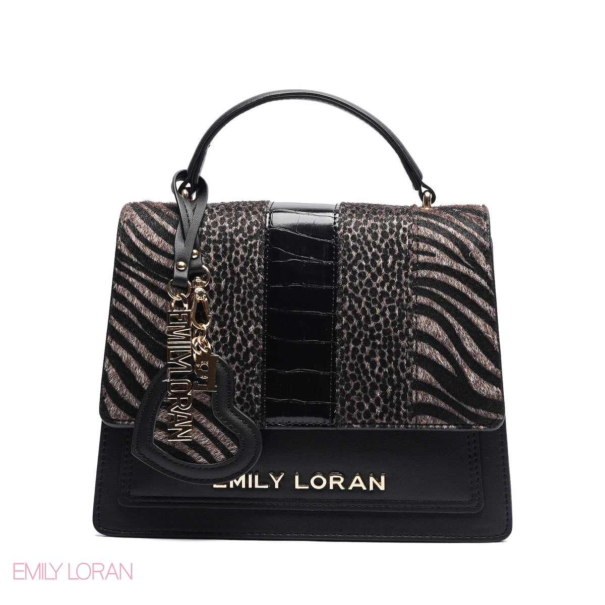 ELEGANT MIXED TEXTURE TOP HANDLE BAG WITH HEART CHARM - MEDIUM