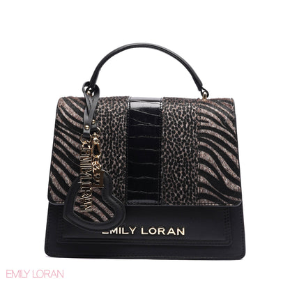 ELEGANT MIXED TEXTURE TOP HANDLE BAG WITH HEART CHARM - MEDIUM