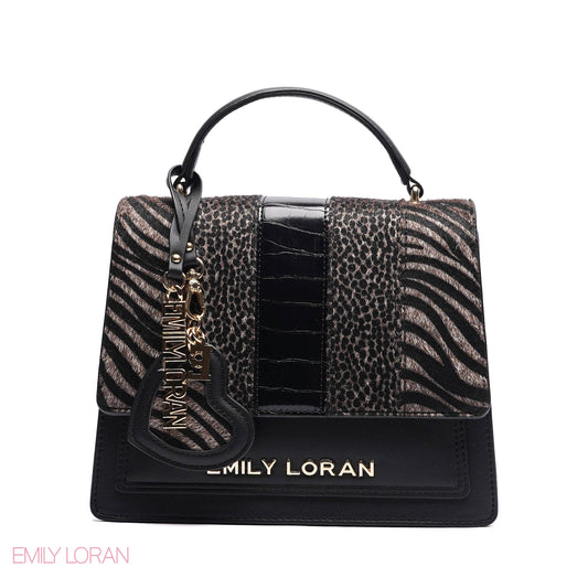 ELEGANT MIXED TEXTURE TOP HANDLE BAG WITH HEART CHARM - MEDIUM