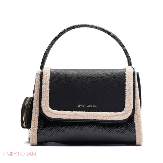 ELEGANT SHERPA TRIM TOP HANDLE BAG WITH CROSSBODY STRAP - MEDIUM