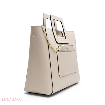 CREAM TEXTURED LEATHER TOTE AND SNAKESKIN POUCH BAG