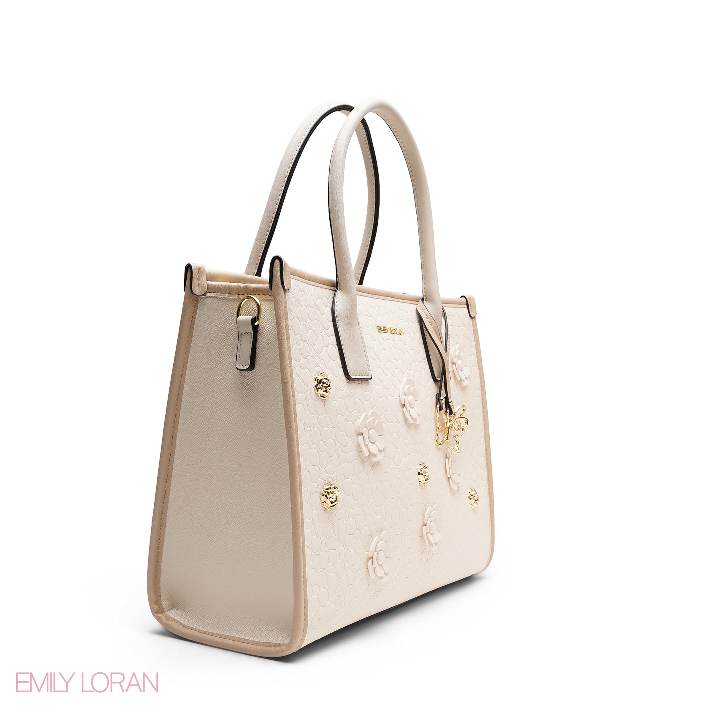 EMBOSSED METALLIC FLORAL TOP HANDLE TOTE BAG