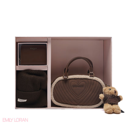 ELEGANT QUILTED HEART BAG SET WITH WALLET AND BEANIE