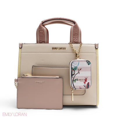 STRUCTURED BAG WITH BRANDED HANDLES AND FLORAL POUCH