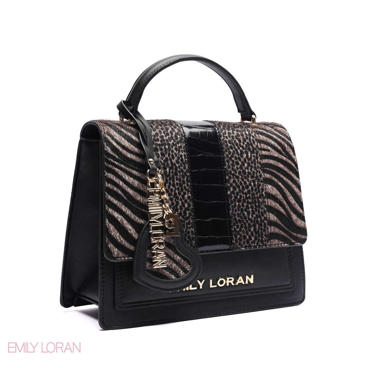 ELEGANT MIXED TEXTURE TOP HANDLE BAG WITH HEART CHARM - MEDIUM