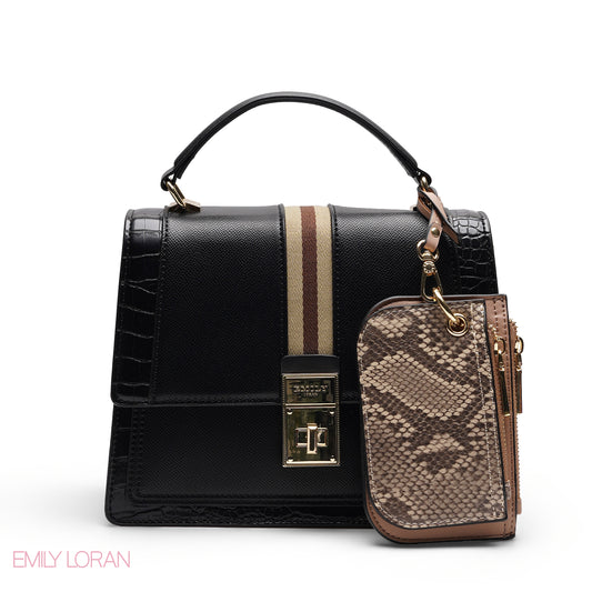 CHIC STRIPED SATCHEL WITH SNAKE PRINT POUCH BAG