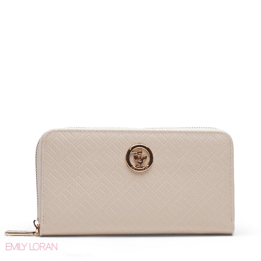 BEIGE QUILTED LOGO ZIP-AROUND WALLET